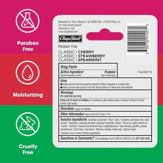 ChapStick Lip Care Set, Classic Collection 3-Pack – Spearmint, Cherry, and Strawberry Lip Balm, 0.15 Ea