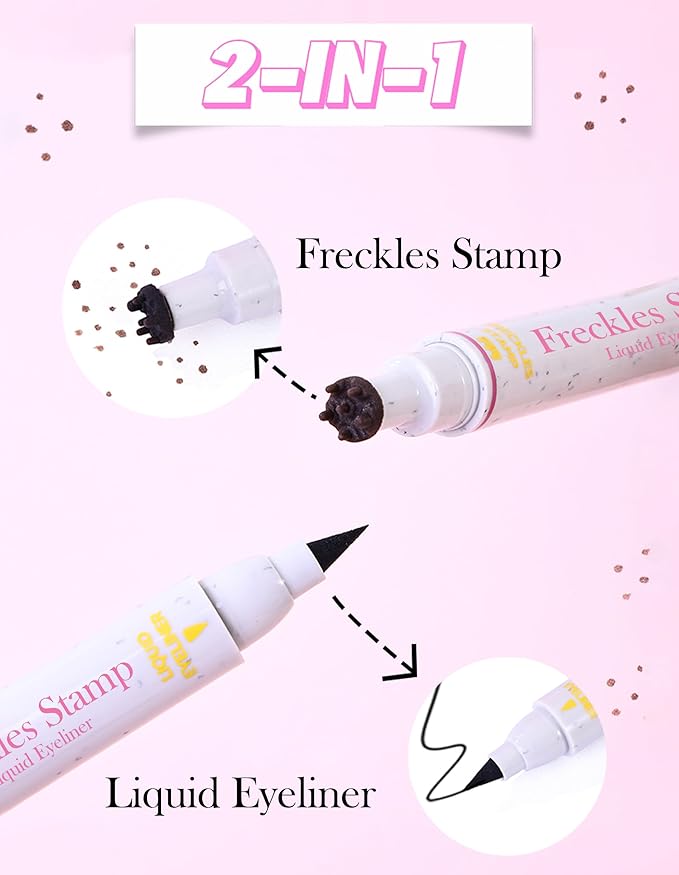 Erinde Waterproof Freckle Stamp Pen, Dual Ended Fake Freckle & Black Liquid Eyeliner, Long Lasting Quick Dry Faux Freckles Stamp Freck Pen for Natural Sunkissed Makeup, 02 Medium