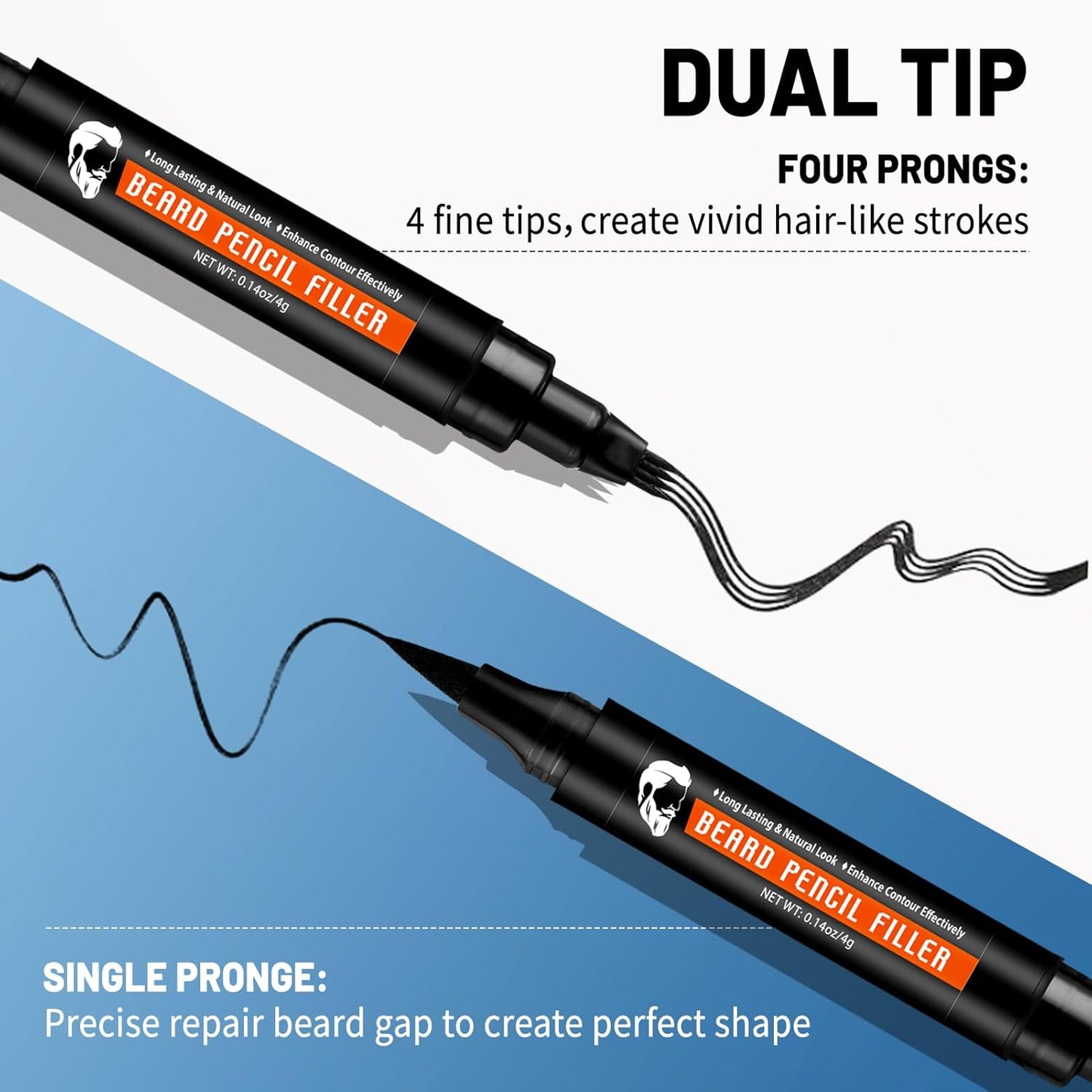 Beard Pencil Filler for Man Dual Ended Micro-Fork Tip Beard Filler - Beard Pen & Brush Long Lasting Coverage Natural Finish - Male Mustache Repair Shape Hairline Powder Root Touch Up Hair Color(Black)