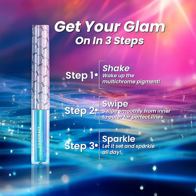 CHARMACY Chameleon Liquid Glitter Eyeliner - Highly Pigmented, Metallic MultiColor Shifting, Waterproof, Ultra-Fine Tip, Longwearing, Smudge-proof (#303)
