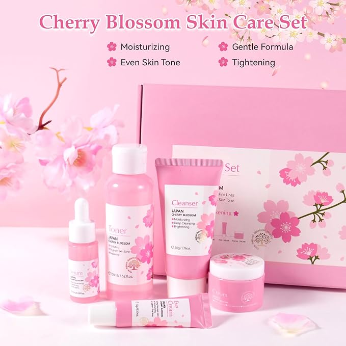 Skin Care Set, Cherry Blossom Skin Care Sets & Kits, Skin Care for Teenage Girls Gift Set with Cleanser, Toner, Serum, Eye Cream, Facial Cream, Facial Skin Care Sets & Kits for Teenage Girls Women
