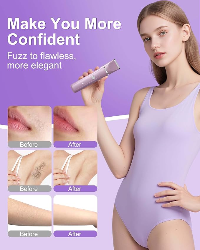 Dermave Bikini Shaver - 2 in 1 Waterproof Bikini Trimmer for Women Cordless Electric Razors for Women, Dry/Wet Use for Bikini, Armpit, Face, Rechargeable Shaver with Detachable Head, Pearl Purple