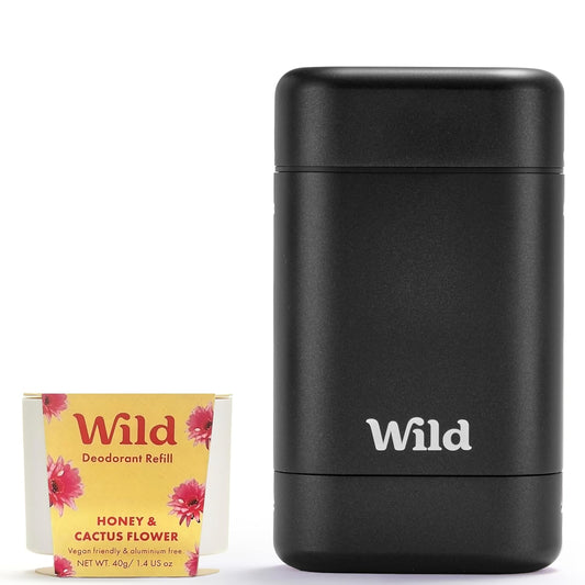 Wild Refillable Deodorant Starter Kit with Black Case and Honey & Cactus Flower Scented Refill 1.4oz - Aluminum Free - Long Lasting Protection - Vegan
