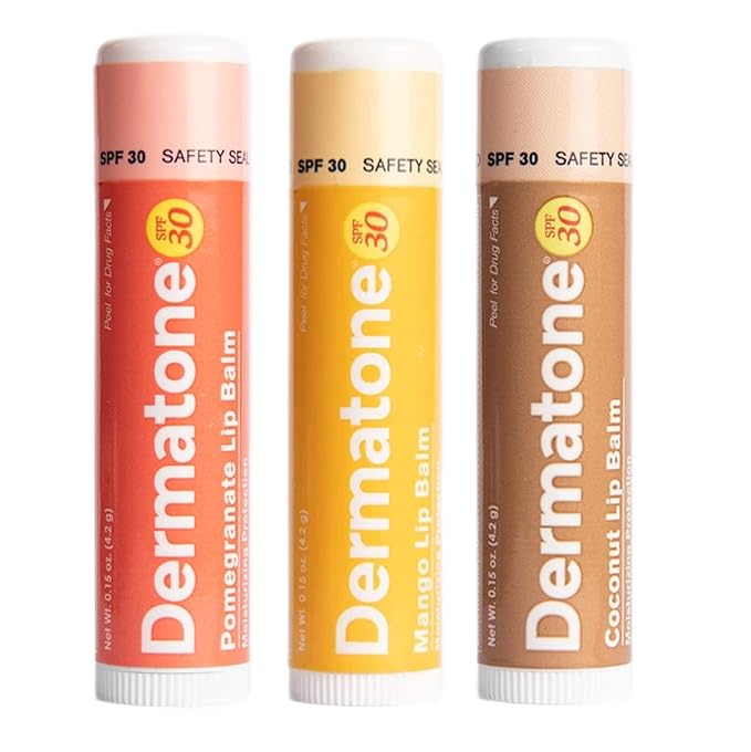 Dermatone Lip Balm Fruit Variety Pack | Moisturizing Lip Care | Soothes & Heals Chapped Lips | Aloe, Tea Tree Oil | 3-Pack (Coconut, Mango, Green Tea)