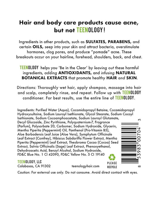 Teenology Shampoo for Teens - Avoid Forehead and Body Acne - No Sulfates or Parabens, Noncomedogenic, Natural Botanical Extracts, 16 oz. (Sweet Mint)