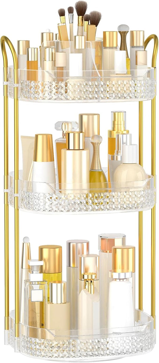 Rotating Makeup Organizer for Vanity 3 Tier, Perfume Organizer with Makeup Brush Holder, Large Capacity Cosmetics Clear Skincare Organizer for Countertop (Transparent)