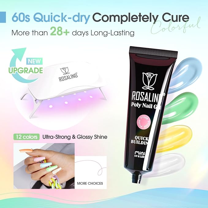 ROSALIND 12PCS Poly Nail Gel Kit with Mini Nail Lamp Nude Brown Cherry Pink Poly Extension Gel Kits