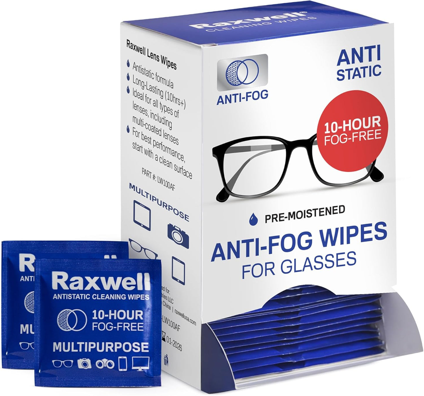Raxwell Glasses Cleaner Wipes - 200 Count, White, Unscented - Streak-Free Anti-Fog Lens Cleaner & Screen Wipes for All Eyewear & Devices - Portable Individually Wrapped Sachets