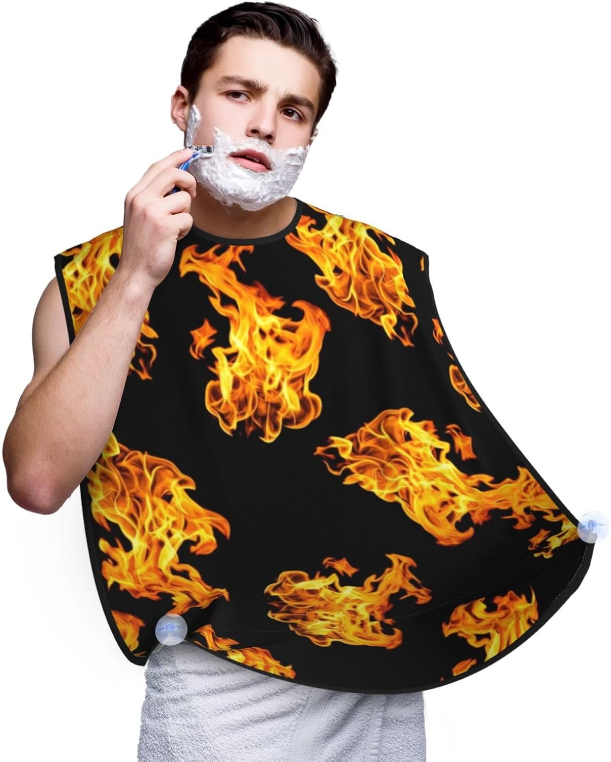 Adjustable Beard Bib, Non-Stick Hair Catcher Cape for Men's Shaving, Waterproof with 2 Suction Cups, Flame Fire Shave Bib