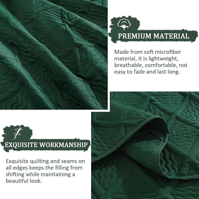 Yiran Quilts Queen Size, Emerald Green Spring Summer Bedspread Bedding Set, 3 Pieces Diamond Pattern Lightweight Microfiber Coverlet with 2 Pillow Shams for All Season 96x90 Inch