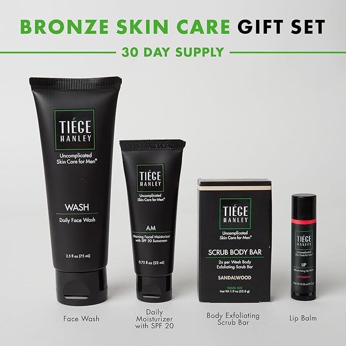 Tiege Hanley Mens Skin Care Gift Box Set, Bronze - Men's Skincare Set Includes Face Wash, Facial Moisturizer with SPF 20 Sunscreen, Body Exfoliating Scrub Bar, & Moisturizing Lip Balm