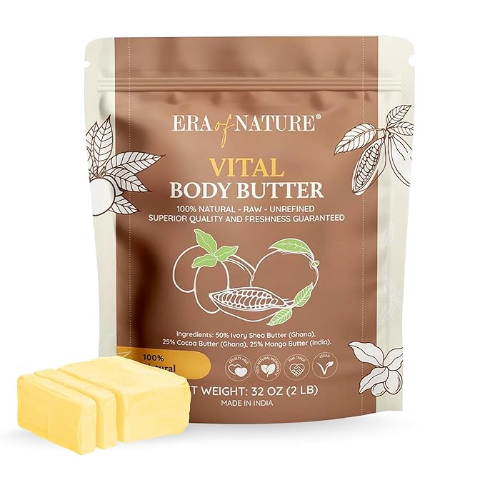 Era of Nature Organic Shea, Mango & Cocoa Body Butter – Raw, Unrefined, 100% Natural – Perfect Base for DIY Skincare, Body Butters, Lotions, Soaps & Lip Balms – Essential for Homemade Creations – 32oz