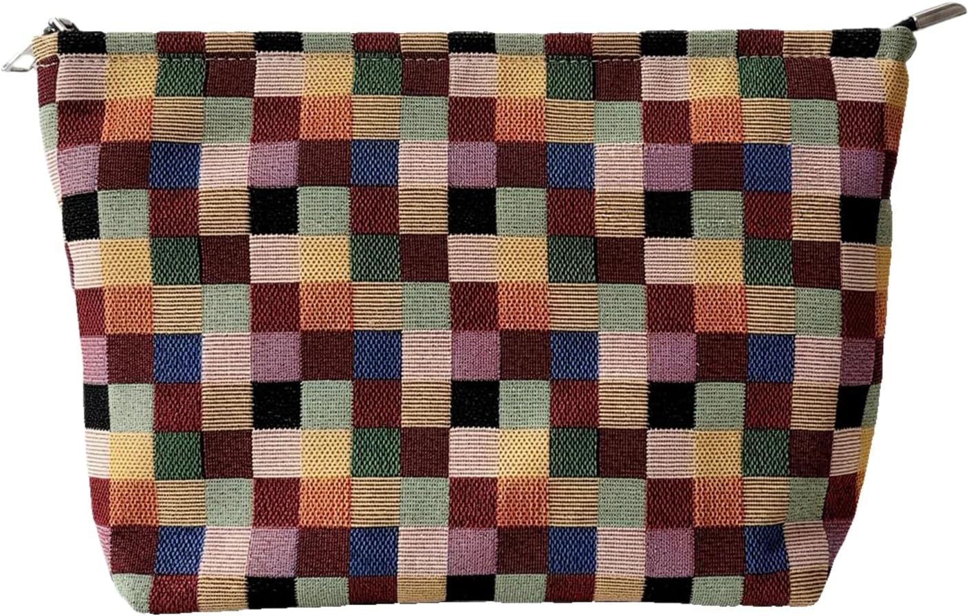 Stylish Checkered Canvas Makeup Bag – Travel Cosmetic Organizer (10.6 x 7.1 x 2.8 Inches), Large Cosmetic Bag, Colored Squares Zipper Pouch, Plaid Fabric, Plain lining