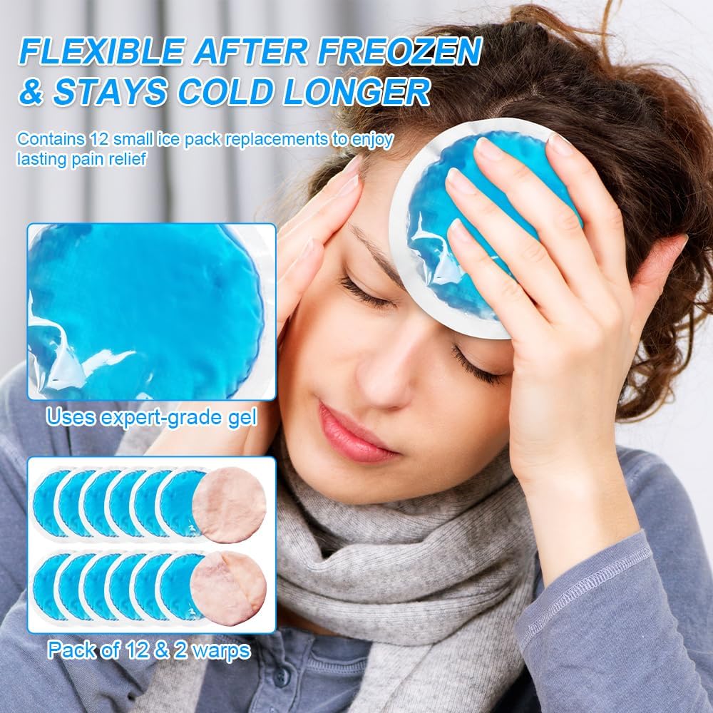Small Round Ice Packs for Injuries, 12 Pack Soft Cosmetic Ice Packs for Face, Reusable Hot Cold Gel Pack Circular Cold Compress with 2 Wrap for Pain Relief, Toothaches, Breast Surgery, Wisdom Teeth
