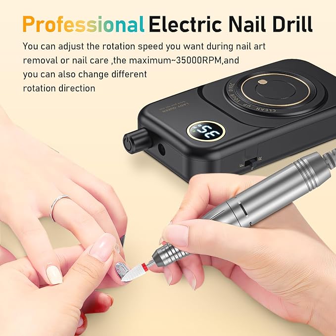 Portable Nail Drill Electric File: 35000RPM Professional Rechargeable Nail E File Machine,for Acrylic Nails Gel Polishing Removing, Cordless Efile with Bits Kit for Manicure Salon Home (Black)