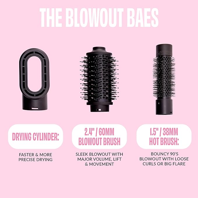 FoxyBae 3-in-1 Ceramic Interchangeable Hair Tools - Blowout Dryer - 3 Detachable Heads: 2.4" Blowout Brush, 1.5" Hot Round Brush & Drying Cylinder Hair Dryer Brush & Hair Styling Set [Black Rose-Gold]
