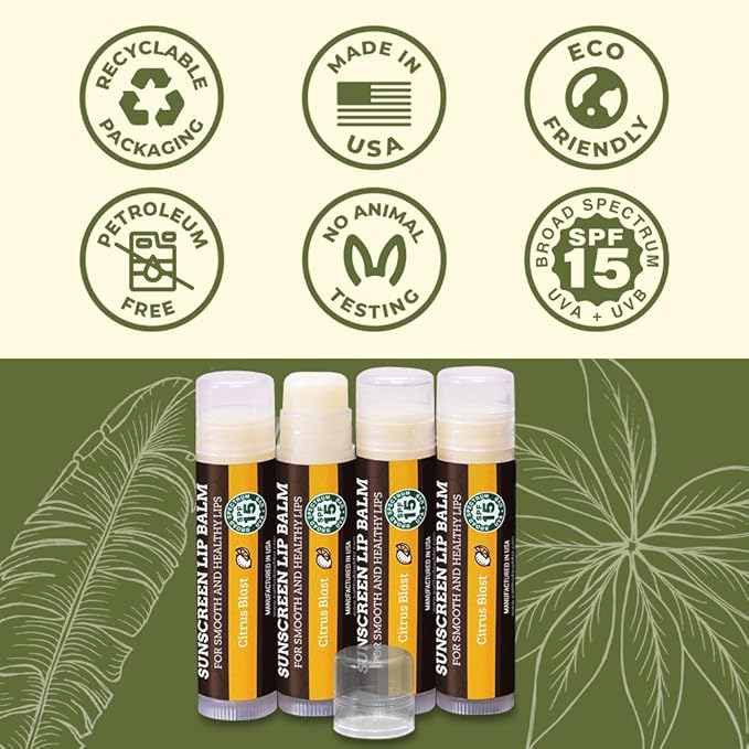 SPF Lip Balm 4-Pack by Earth's Daughter - Lip Sunscreen, SPF 15, Organic Ingredients, Citrus Flavor, Beeswax, Coconut Oil, Vitamin E - Hypoallergenic, Paraben Free, Gluten Free