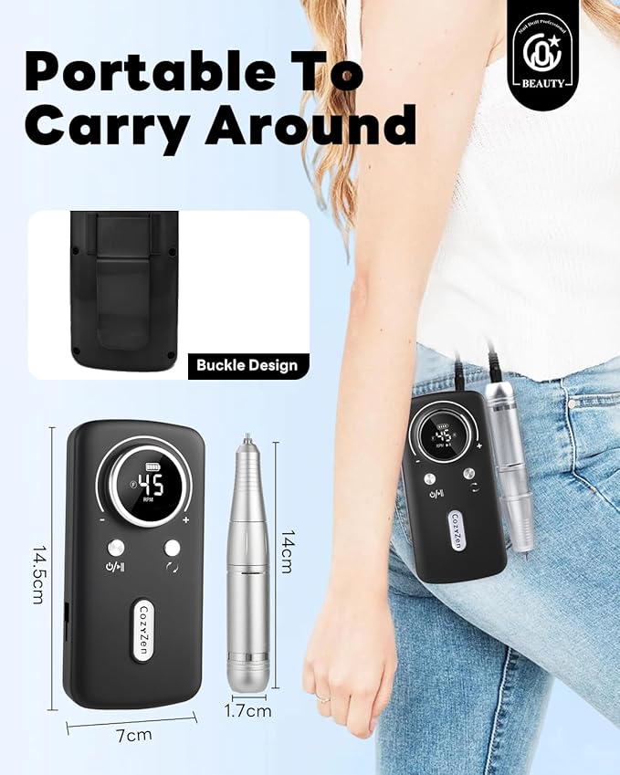 CozyZen Cordless Nail Drill Professional: 45000 RPM Rechargeable Electric Nail File Kit, Portable & Low Noise for Acrylic, Gel Nails, Manicure & Pedicure - Salon & Home Use
