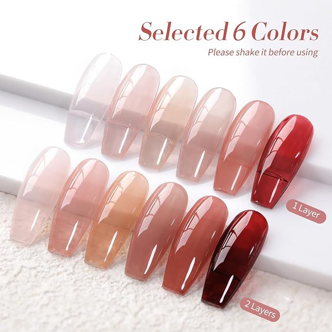 Born Pretty Jelly Burgundy Gel Nail Polish Blood Wine Red Nude Pink Gel Polish Sheer Transparent Halloween Gel Polish Kit Wild Rose for Salon Manicure and Nail Art DIY at Home 6Colors