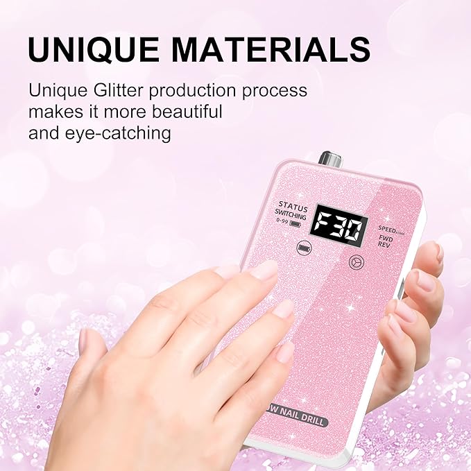 Professional Electric Nail Drill File:COSYGLOW Glitter Portable Cordless E-File Nail Drill Kit with 11 Drill Bits,30000 RPM Rechargeable Nail Drills Machine for Acrylic Nails Gel Polishing (Pink)