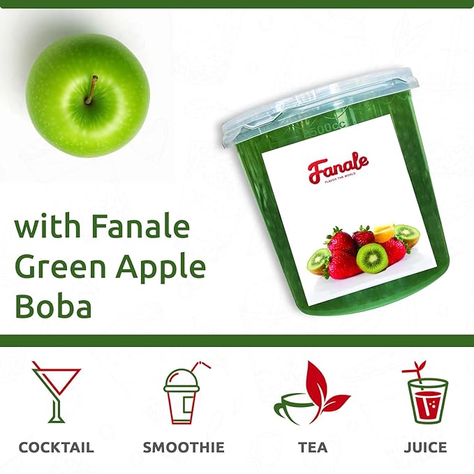 Fanale Green Apple Popping Boba Pearls, Vegan, Non GMO, Gluten Free, Fat Free, Perfect for Bubble Tea, Smoothies, Ice Cream, Desserts, and Beverages.