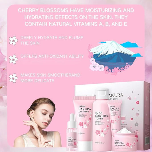 Sakura Skin Care Set, Women Gift Sets, Skin Care Kit with Cleanser, Toner, Serum, Eye Cream, Face Cream, Skin Care Routine Kit for Women, Even Skin Tone, Tighten & Firm Skin