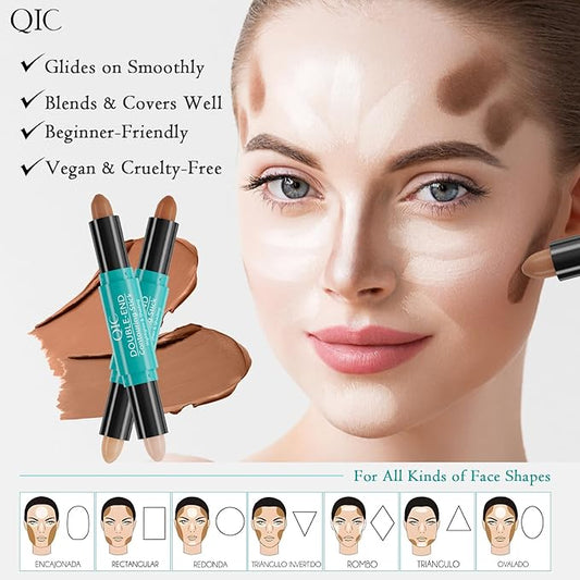 2-in-1 Contour & Highlighter Stick - Dual-Ended, Waterproof, Long-Lasting, for All Skin Tones (03# Nature colour + Light coffee)