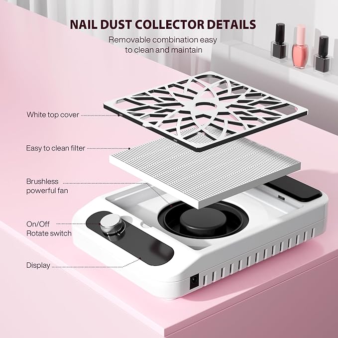 Nail Dust Collector for Nail Techs,Compact & Quiet Vacuum Fan Dust Collector with Reusable Filter, Powerful Dust Suction Machine,Nail Tech Must Haves for Gel Polish,Pedicures,Salon & Home Use
