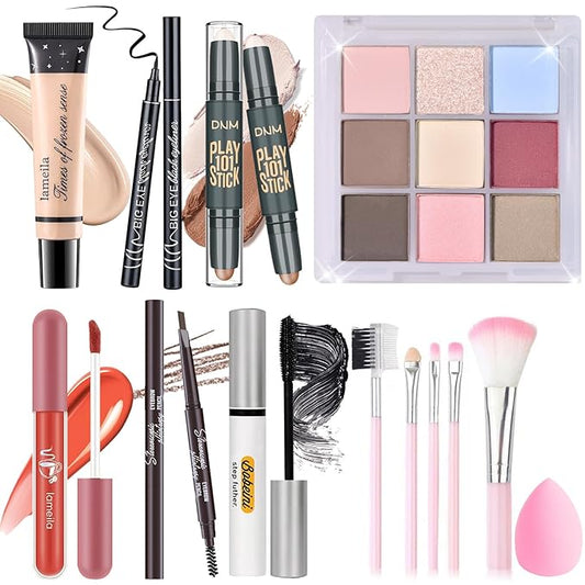 Makeup Set Kit for Women Girls Teens, Makeup Present Set, Includes 9 Color Eyeshadow, Counter Stick, Foundation, Eyebrow Pencil, Eyeliner, Mascara, Lip Gloss, 5Pcs Brushes, Sponge