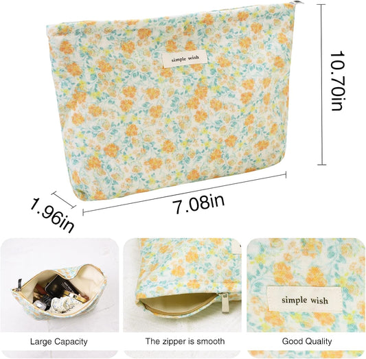 Wudygirl Aesthetic Cosmetic Bag Travel Toiletry Bag Makeup Bag Canvas Makeup Pouch Toiletry Bag for Women Large Capacity Makeup Bag Floral Pencil Pouch with Zipper (Yellow Floral)