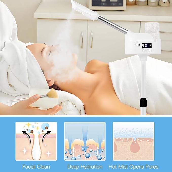 Professional Facial Steamer, Facial Steamer with Hot Mist and Timer Function for Deep Hydration, Height Adjustable Face Steamer on Wheels with Touch Screen and Rotatable Nozzle for Salon Spa Home Use