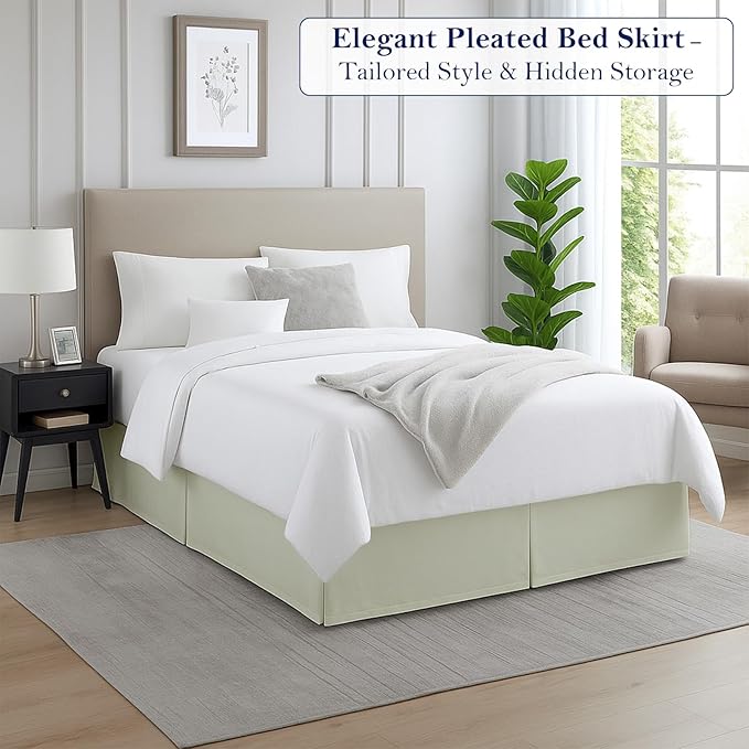 Queen Bed Skirt, Luxury 18 Inch Drop Ivory Pleated Bed Skirt, Double Brushed Microfiber, Box Pleat Design, Wrinkle & Fade Resistant, Easy Fit Tailored Bedskirt for Queen Size Beds