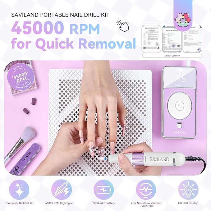 SAVILAND SSPro X-Drill Nail Drill Professional: 45000 RPM Quick Removal for Acrylic Nails Electric Nail File 3000 mAh Nail Drill Kit Portable EFile with Ceramic Bits Sanding Bands Nail Tech Salon