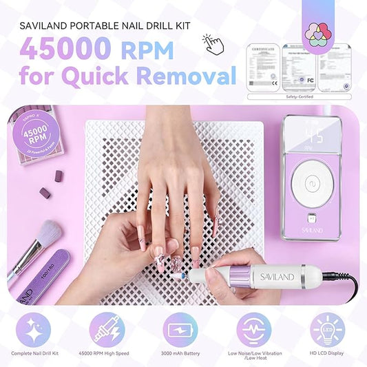 SAVILAND SSPro X-Drill Nail Drill Professional: 45000 RPM Quick Removal for Acrylic Nails Electric Nail File 3000 mAh Nail Drill Kit Portable EFile with Ceramic Bits Sanding Bands Nail Tech Salon