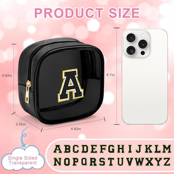 YOOLIFE Initial Makeup Bag Travel Toiletry Bag, Clear Makeup Bag Car Accessories For Women Clear Makeup Bags With Zipper Girlfriend Teacher 13 Year Old Girl Gifts Daughter Girl Gifts Mini Black E