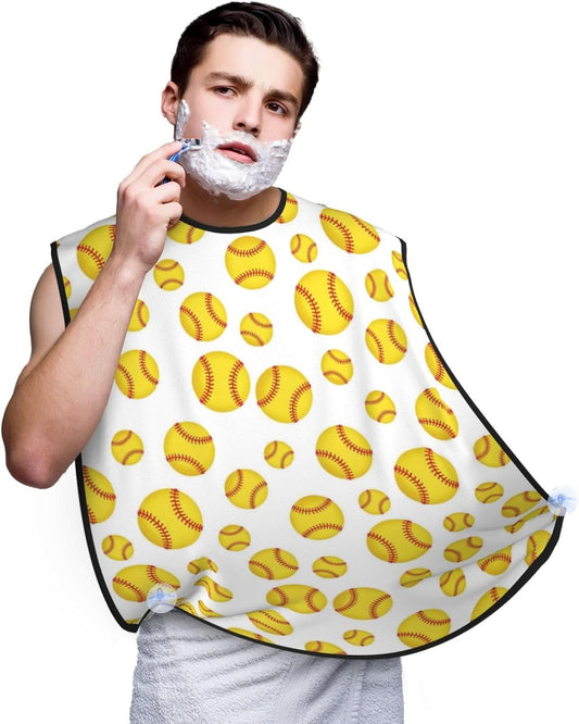 Beard Grooming Cape, Waterproof Hair Catcher for Shaving Trimming, Non-Stick Bib Apron Gifts for Dad Men, Softball Yellow Shave Bib