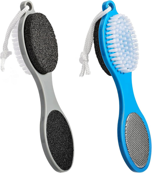 Pumice Stone Brush for Feet 4 in 1, Foot File Callus Remover, Foot Rasp and Sand Paper Pedicure Tools with Handle, Shower Foot Scrubber, Soft Smooth Feet for Home Foot Care,2 Pack