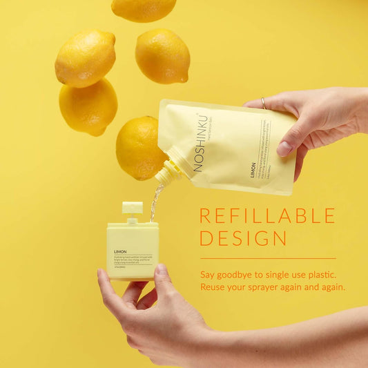 Noshinku - Refillable Hand Sanitizer Limon 3-Pack, Travel Size Spray with Hydrating Botanical Oils, Natural Ingredients, All Natural Fragrances, Sugarcane Derived Alcohol, No Parabens, No Dyes