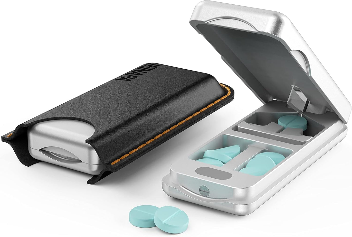 Pill Cutter with Auto Centering Device, Aluminum Pill Splitter with 316L Stainless Blade, Genuine Leather Case, Professional Pill Splitter for Cutting Small Pills or Large Pills (Silver)