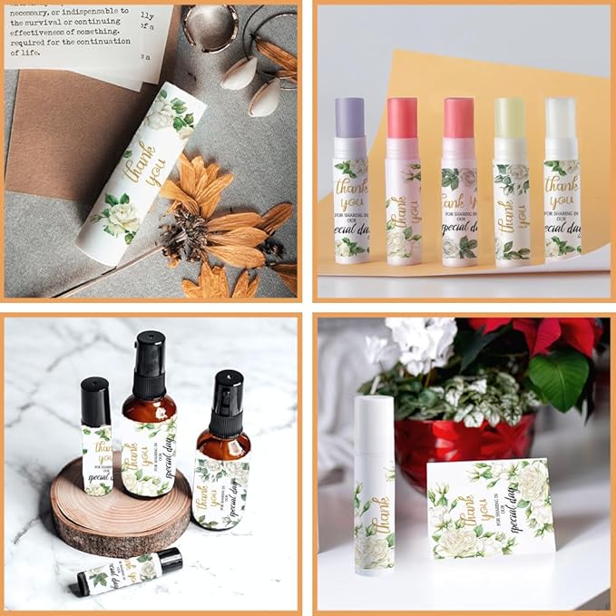 OLYCRAFT 100Pcs Self-Adhesive Lip Balm Tag Stickers 1.7x2.1 inch Waterproof Adhesive Stickers with White Rose Flower Lipstick Tag Sticker for Lip Balm Container Tubes Lipstick Wrapping Decoration