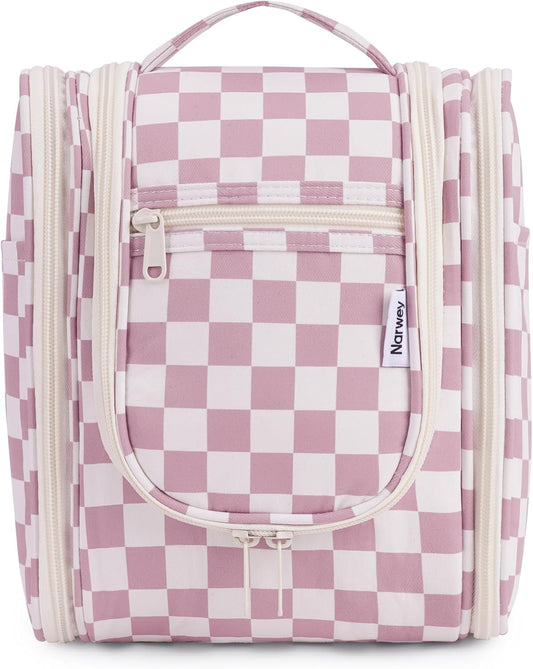 Narwey Small Checkered Hanging Travel Toiletry Bag for Women, Travel Bag for Toiletries, Makeup Bag Organizer Cosmetic Bags Make Up Bags for Women (Dusty Rose Checkerboard)