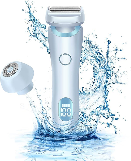 Electric Shaver Razors for Women 2-IN-1 Electric Razor for Womens Legs Underarm Face Pubic Hairs,Wet Dry Use Rechargeable Bikini Trimmer Hair Removal with Detachable Head,Painless IPX7 Waterproof Blue