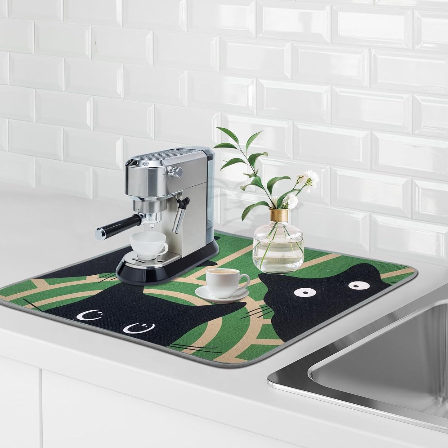 SHIYUE Dish Drying Mat for Kitchen Counter Super Absorbent Spring Kitchen Decor Microfiber Drying Matainers Rack Fast Pad Dish Drainer Mats(Three Cats,18''x24'')