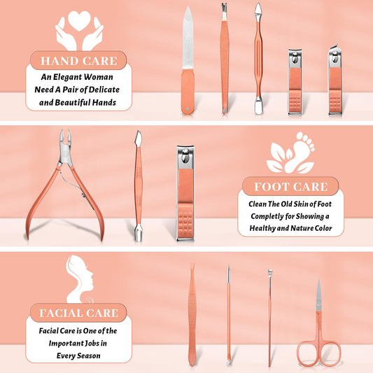 Manicure Set Nail Clipper Set Men Women 12 in 1 Nail Care Kit with Portable Case Travel Manicure Pedicure Tools Grooming Kit Beauty Salon(Rose Gold)