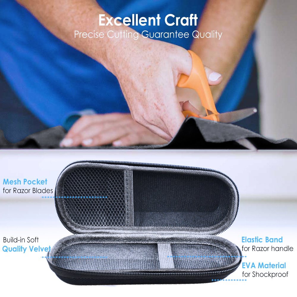 Hard EVA Razor Travel Case Compatible with Gillette Men's Razor - Mesh Pocket for 2 Razor Blades + Lightweight Carrying Handle + Durable Zipper (Only Case) (Black)