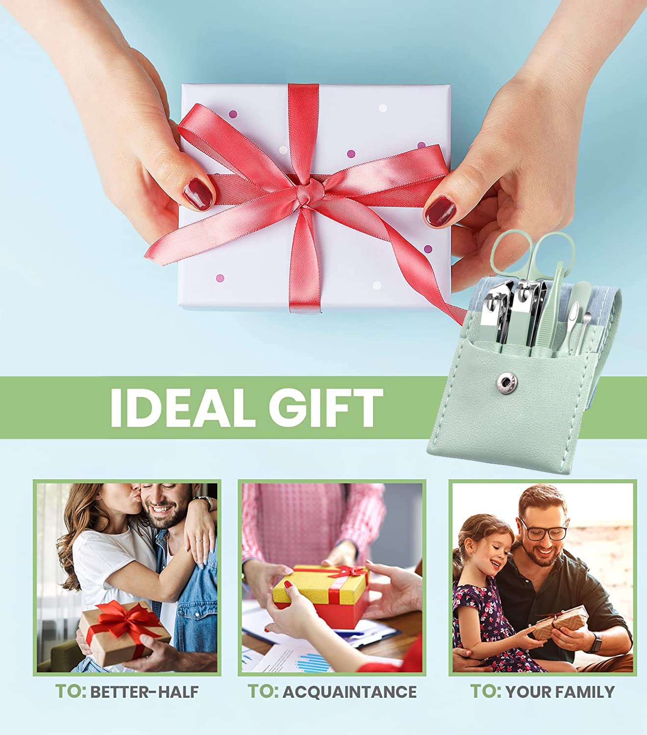 Manicure Set - 7 Pieces Professional Travel Nail Clippers with Green Leather Bag, Stainless Steel Nail Care Tools Grooming Kit for Women