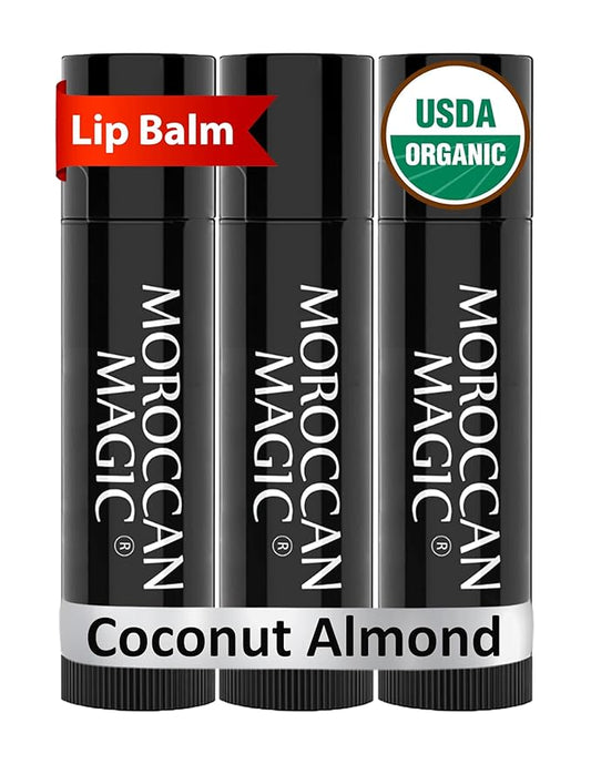 Moroccan Magic Organic Coconut Almond Lip Balm 3 Pack | Ultra-Hydrating Argan & Essential Oil Lip Moisturizer + Vitamin E | Natural Chapstick for Dry Lips | Smooth, Non-Toxic | Organic Lip Balm