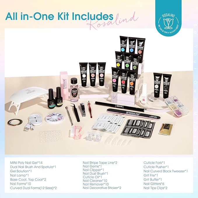ROSALIND Poly Nail Gel Colors Kit -14 Colors +72 Nail Art Accessories kit Poly Nails Gel Kit Starter Kit with Mini UV Lamp Slip Solution Poly Nail Art Tools for Beginners with Everything