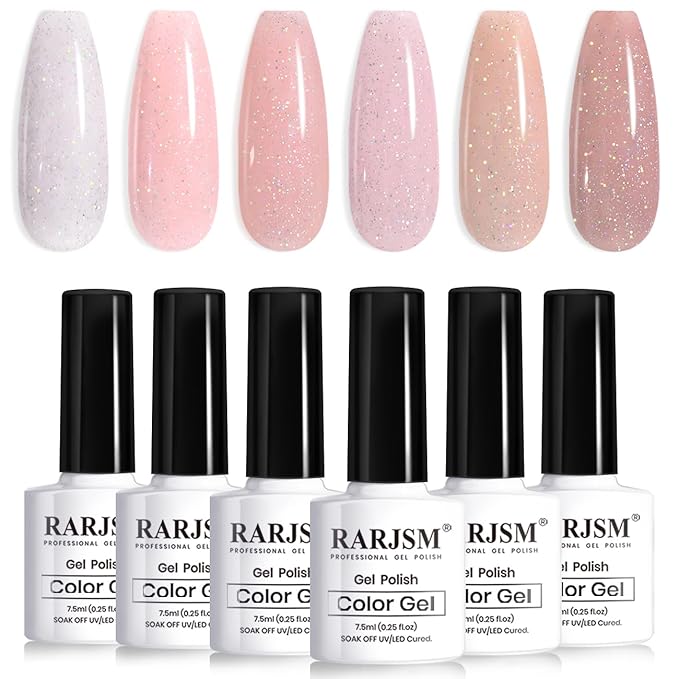 RARJSM Nude Glitter Gel Nail Polish 6pcs Set Sparkly Rainbow Shimmery Nail Gel Polish Iridescent Pigment Jelly Sheer Gray Pink Milky Peach Purple Translucent Natural Skin Tone Color 7.5ml Soak off