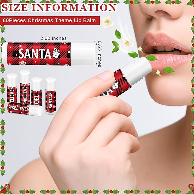 Sosation 80 Pcs Christmas Flavored Lip Balm Bulk Holiday Christmas Stocking Gift Set Celebrate Lip Balm Stick Beauty Lip Care